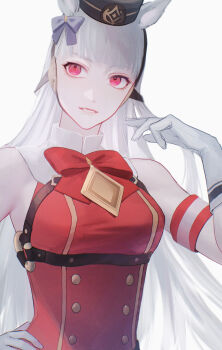 1girl absurdres animal_ears armband bare_shoulders belt black_belt black_hat blunt_bangs bow bowtie buttons collared_dress commentary_request dress gloves gold_ship_(red_strife)_(umamusume) gold_ship_(umamusume) grey_hair hair_bow hand_on_own_hip hand_up hat highres horse_ears horse_girl lips long_hair looking_at_viewer pillbox_hat pink_eyes purple_bow red_armband red_bow red_bowtie red_dress shion_(reira) simple_background sleeveless sleeveless_dress smile solo star_(symbol) star_print teeth umamusume upper_body white_background white_gloves