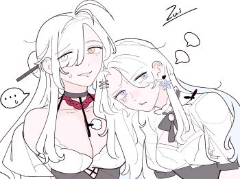 ... 2girls ahoge asymmetrical_legwear bare_shoulders black_corset blank_speech_bubble blue_eyes bow bowtie breasts cleavage collarbone commentary_request corset dress earrings eleven_(path_to_nowhere) eve_(path_to_nowhere) eyes_visible_through_hair flower_earrings hair_bun hair_ornament hair_over_one_eye hair_stick half_updo halter_dress halterneck highres jewelry juliet_sleeves large_breasts leaning_on_person long_hair long_sleeves mole mole_under_eye multiple_girls off_shoulder path_to_nowhere puffy_sleeves signature simple_background small_breasts speech_bubble spoken_ellipsis spoken_sweatdrop sweatdrop upper_body white_background white_hair yellow_eyes zui_(zuihitu)