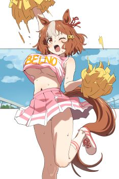 1girl absurdres animal_ears belno_light_(umamusume) blush bouncing_breasts breasts brown_hair cheerleader commentary_request highres horse_ears horse_girl horse_tail huge_breasts midriff navel no_bra one_eye_closed open_mouth panties pom_pom_(cheerleading) revision sincos skirt solo sweat tail umamusume umamusume:_cinderella_gray underboob underwear