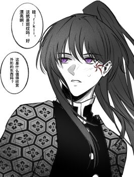 Rule 34 | 1girl, absurdres, bang dream!, bang dream! it's mygo!!!!!, chinese commentary, chinese text, commentary request, facial mark, hair bun, hero45439083942, highres, long hair, ponytail, shiina taki, simple background, single side bun, solo, spot color, translation request, upper body, white background