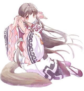 1girl ainu_clothes animal_ears black_hair braid brown_hair chinese_commentary commentary_request full_body highres japanese_clothes long_hair long_sleeves looking_at_viewer red_eyes rulutieh simple_background solo tail twin_braids utawarerumono very_long_hair white_background wide_sleeves wushi_tu