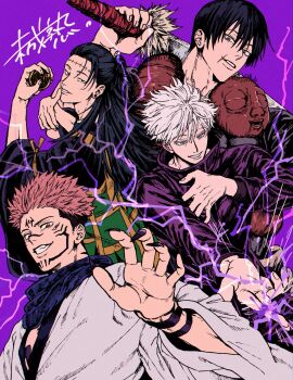 4boys arm_markings black_hair black_nails blue_eyes blue_scarf body_markings extra_eyes facial_mark fingernails fushiguro_touji getou_suguru gojou_satoru grey_hair grin hair_between_eyes highres holding holding_sword holding_weapon jacket jujutsu_kaisen long_fingernails long_hair male_focus misejyuk multiple_boys nail_polish over_shoulder parted_lips pink_hair plug_(piercing) purple_background purple_jacket red_eyes ryoumen_sukuna_(jujutsu_kaisen) scar scar_on_face scar_on_mouth scarf sharp_fingernails short_hair smile stitched_forehead sword sword_over_shoulder teeth weapon weapon_over_shoulder