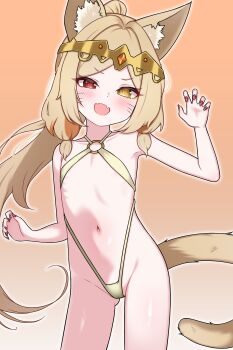 1girl absurdres animal_ear_fluff animal_ears blush brown_background brown_hair cat_ears cat_tail claw_pose commentary commission cowboy_shot english_commentary fangs flat_chest gradient_background groin hands_up heterochromia highres loli long_hair nail_polish navel open_mouth original pixiv_commission ponytail red_eyes red_nails skin_fangs slingshot_swimsuit solo swimsuit tail very_long_hair yellow_eyes yellow_slingshot_swimsuit zing_(z_z_zing)