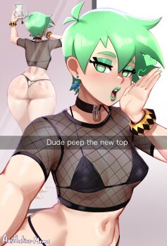 1girl absurdres aestheticc-meme ass ass_cutout bikini black_bikini breasts butt_crack choker clothing_cutout earrings english_text fishnet_top fishnets green_eyes green_hair green_lips green_nails handprint heart_cutout highres huge_ass jewelry lipstick lipstick_mark makeup mint_(gerph) mirror navel open_mouth original phone selfie short_hair slap_mark small_breasts solo spanked swimsuit thong thong_bikini