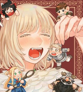3boys 3girls alt_text ambrosia_(dungeon_meshi) animal_ears arm_up armor beard black_eyes black_hair blonde_hair blue_capelet blue_robe blush blush_stickers border bow bracer bright_pupils brown_eyes brown_hair brown_shoes capelet cat_ears cat_girl cat_tail chibi chibi_on_head chilchuck_tims choker clenched_teeth closed_eyes closed_mouth colored_eyelashes commentary_request dungeon_meshi elf facial_hair fake_horns falin_touden falin_touden_(chimera) fangs feathers green_eyes hair_bow half_updo helmet highres holding holding_chibi holding_staff horned_helmet horns imminent_vore izutsumi laios_touden long_hair long_sleeves looking_at_another mage_staff marcille_donato mismatched_animal_ear_colors multiple_boys multiple_girls mustache on_head open_mouth ornate_border outside_border pants parted_hair pointy_ears red_background red_bow red_choker red_scarf robe sasakura34 scarf scarf_bow senshi_(dungeon_meshi) shirt shoes short_hair staff sweat tail teeth wavy_mouth white_feathers white_pants white_pupils white_shirt wide-eyed you_gonna_get_eaten