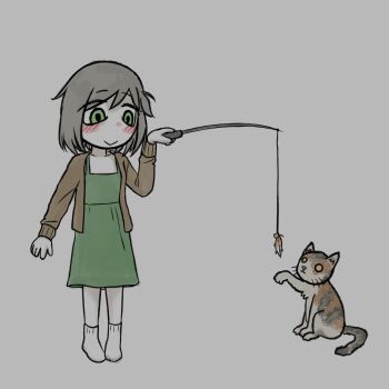 Rule 34 | 1girl, animal, blush stickers, brown jacket, cat, closed mouth, collarbone, dress, green dress, green eyes, grey background, grey hair, holding, holding rod, jacket, mentha (menthalovely), mint (menthalovely), open clothes, open jacket, original, rod, short hair, simple background, smile, socks, white socks