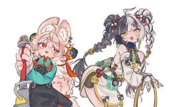2girls ahoge animal_ear_fluff animal_ears aqua_nails arched_back bare_shoulders black_hair blush braid braided_twintails bright_pupils china_dress chinese_clothes corded_phone detached_sleeves dialyn_(zenless_zone_zero) dress earrings furry furry_female green_shirt hair_extensions hair_intakes hair_ornament hairclip half-closed_eyes highres holding holding_sword holding_weapon jewelry leaning_on_weapon long_hair looking_at_another multicolored_hair multicolored_nails multiple_girls necktie open_mouth panda_hair_ornament phone pink_fur pink_hair pink_tail rabbit_ears rabbit_girl rabbit_tail red_eyes red_nails ring_hair_extensions screw shirt siiaka023 simple_background sparkling_eyes split-color_hair sword tail weapon white_background white_hair white_pupils yellow_eyes yellow_necktie zenless_zone_zero zhao_(zenless_zone_zero)