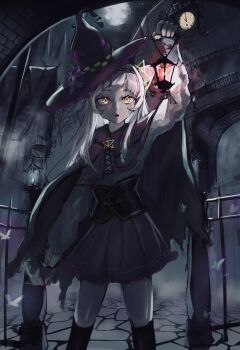 1girl arched_bangs arm_up black_corset capelet commentary_request corset cowboy_shot grey_hair grey_shirt hat highres holding holding_lantern hololive lantern long_hair long_sleeves looking_at_viewer moon murasaki_shion night open_mouth outdoors purple_capelet purple_hat purple_skirt shirt skirt solo virtual_youtuber witch witch_hat xue_lian_wa_noel yellow_eyes