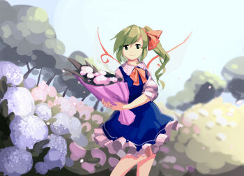 1girl blue_dress bouquet bow bowtie closed_mouth collared_dress contrast_collar daiyousei dress fairy fairy_wings flower flower_request frilled_dress frills furahata_gen green_eyes green_hair hair_bow highres holding holding_bouquet leaf looking_at_viewer medium_hair shirt sleeve_cuffs sleeves_rolled_up smile solo standing swept_bangs touhou tree white_shirt wings yellow_bow yellow_bowtie