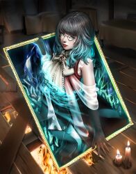 Rule 34 | 1girl, animal, bare shoulders, black gloves, blue hair, bow, brooch, burning, candle, commentary request, coral, elbow gloves, fire, fish, gloves, green eyes, grey hair, highres, indoors, jewelry, kuro kosyou, long hair, looking at viewer, monocle, original, picture frame, realistic, red lips, red shirt, shirt, sleeveless, sleeveless shirt, solo, white bow, wooden floor