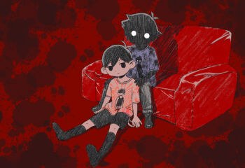 Rule 34 | 2boys, alternate costume, antenna hair, arm support, black eyes, black hair, black pants, black shorts, black skin, black socks, closed mouth, collarbone, colored skin, couch, double-parted bangs, expressionless, hair between eyes, hand on another's shoulder, highres, kneehighs, looking at viewer, male focus, multiple boys, omori, omori (omori), pants, shirt, short hair, shorts, sitting, socks, stranger (omori), sun iiinu, t-shirt, white eyes, white shirt, white skin