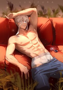 1boy abs artist_name blue_eyes calvin_klein commentary couch english_commentary glint gojou_satoru hair_between_eyes highres jujutsu_kaisen looking_at_viewer lunifura male_focus male_underwear on_couch pubic_hair short_hair smile solo topless_male underwear unworn_eyewear veins white_hair