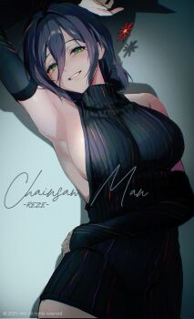 1girl arm_up armpits black_sweater breasts chainsaw_man character_name copyright_name copyright_notice detached_sleeves eyelashes flower green_eyes hair_between_eyes hand_on_own_stomach highres holding holding_flower large_breasts long_sleeves looking_at_viewer n1n1 parted_lips purple_hair red_flower reze_(chainsaw_man) shadow short_hair sideboob sleeveless sleeveless_sweater sleeves_past_wrists smile solo sweater turtleneck turtleneck_sweater