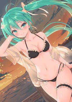 1girl ahoge aqua_eyes aqua_hair arm_up bare_shoulders bikini black_bikini blush bow breasts cleavage closed_mouth collarbone commentary_request cowboy_shot dutch_angle earrings floating_hair frilled_bikini frilled_thigh_strap frills gradient_sky hair_between_eyes hair_bow halterneck hand_in_own_hair hatsune_miku heartsix highres jewelry long_hair looking_at_viewer medium_breasts navel ocean open_clothes outdoors railing see-through_clothes short_sleeves sky smile solo star_(symbol) star_earrings stomach string_bikini swimsuit thigh_strap twilight twintails very_long_hair vocaloid water wins yellow_bow