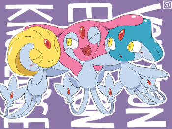 azelf blush blush_stickers closed_eyes closed_mouth commentary_request forehead_jewel gen_4_pokemon horubi_non legendary_pokemon mesprit multiple_tails nintendo one_eye_closed open_mouth outline pokemon pokemon_(creature) pokemon_focus purple_background smile tail uxie white_outline