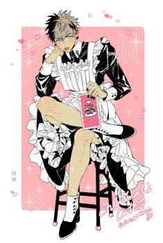 1boy alternate_costume ankle_cuffs apron black_dress black_hair black_nails black_shoes blush brown_hair buttoned_cuffs buttons character_name collared_dress crimzon_ruze crossdressing crossdressing_(mtf) d0gpeace dress ear_piercing earrings elbow_on_knee elbow_rest english_text enmaided figure_four_sitting frilled_apron frilled_dress frills full_body hand_on_own_cheek hand_on_own_face head_rest heart highres holding holding_menu holostars holostars_english jewelry juliet_sleeves long_sleeves maid maid_apron male_focus male_maid menu multicolored_hair nail_polish on_stool piercing pink_background pointy_ears puffy_sleeves purple_eyes scar scar_on_leg shoes short_hair sitting sleeve_cuffs solo sparkle sparkle_background stool tareme tongue tongue_out two-tone_hair virtual_youtuber