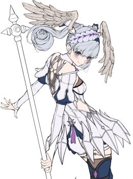 1girl blue_eyes braid crown_braid curly_hair dress grey_hair hakusai_(hksicabb) head_wings highres holding holding_staff juliet_sleeves long_sleeves makna_armour melia_antiqua o-ring puffy_sleeves short_dress solo staff thighhighs unfinished wings xenoblade_chronicles:_future_connected xenoblade_chronicles_(series) xenoblade_chronicles_1