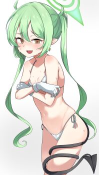 1girl @_@ absurdres bikini blue_archive breasts commentary crossed_arms demon_tail embarrassed feet_out_of_frame gloves gradient_background green_hair green_halo halo highres long_hair nozomi_(blue_archive) pointy_ears saabyboi side-tie_bikini_bottom small_breasts smile solo standing swimsuit tail tail_around_own_leg twintails white_background white_bikini white_gloves yellow_eyes