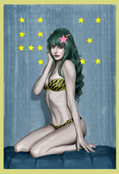 1girl animal_print bikini border commentary cone_horns english_commentary green_hair highres horns long_hair lum mixed-language_commentary solo star_(symbol) strapless strapless_bikini swimsuit tiger_print urusei_yatsura yellow_border yellow_horns youno_senichi