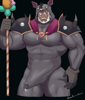 1boy absurdres bara beard black_background commentary cosplay covered_abs covered_pectorals covered_penis cropped_legs cum cum_in_clothes cum_through_clothes dark-skinned_male dark_skin english_commentary erection facial_hair fire_emblem fire_emblem_shadows gotthold_(fire_emblem) grey_eyes highres holding holding_polearm holding_weapon kigurumi lower_teeth_only male_focus muscular muscular_male mustache nintendo open_mouth pectorals polearm scar scar_across_eyebrow scar_on_face simple_background solo teeth twitter_username variant_set wallace8 weapon white_hair