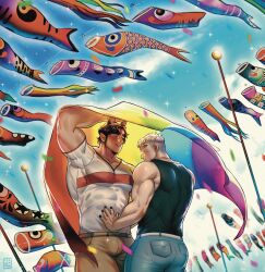 2boys animal_ears ass bara bare_arms black_nails black_tank_top blonde_hair brown_hair cat_ears confetti couple covered_abs denim feet_out_of_frame flag from_behind hand_on_another&#039;s_stomach highres holding holding_flag huge_eyebrows jeans koinobori large_pectorals lgbt_pride long_sideburns looking_at_another male_focus multiple_boys muscular muscular_male original pants pectorals pride_month rainbow_flag shirt short_hair sideburns smile sparkle standing tank_top thick_eyebrows tight_clothes tight_shirt tiowinwin triceps undercut windsock yaoi