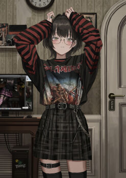 1girl absurdres band_shirt belt black_belt black_hair black_thighhighs blush closed_mouth computer computer_tower cowboy_shot desk door ear_piercing earrings gishiki_(gshk) glasses goth_fashion hair_intakes hands_up highres iron_maiden iron_maiden_(band) jewelry layered_sleeves long_sleeves looking_at_viewer merchandise monitor original piercing profanity punkish_gothic ring round_eyewear shirt short_hair short_over_long_sleeves short_sleeves solo standing striped_clothes striped_shirt studded_belt thigh_strap thighhighs yellow_eyes