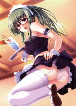 1girl ass bare_arms bare_shoulders black_skirt boku_to_gonee_to_umi_no_year!! breasts glasses green_hair highres holding holding_tray large_breasts long_hair maid nanami_kokoro official_art open_mouth panties ponytail red_eyes skirt solo thighhighs tomose_shunsaku tray underwear white_thighhighs