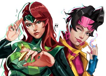 2girls black_hair bodysuit coat earrings eyewear_on_head gloves highres jacket jean_grey jewelry jubilee long_hair looking_at_viewer marvel marvel_rivals multiple_girls nakoneart pink-tinted_eyewear red_hair short_hair smile sunglasses tinted_eyewear x-men yellow_coat yellow_jacket