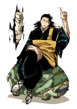 Rule 34 | 1boy, 1other, absurdres, akutami gege (style), black hair, black robe, black sclera, colored sclera, creature, cursed spirit (jujutsu kaisen), extra eyes, getou suguru, getou suguru (kenjaku), highres, jujutsu kaisen, kesa, long hair, male focus, portal (object), robe, simple background, sitting on animal, socks, stitched forehead, tengen (jujutsu kaisen), vroom622226, wagging finger, white background, white socks