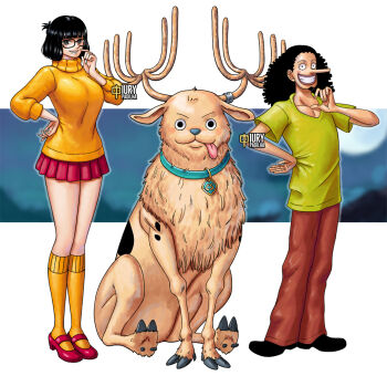 1girl 2boys :p antlers black_footwear black_hair breasts brown_pants collar cosplay glasses green_shirt hand_on_own_hip high_heels horns iury_padilha kneehighs large_breasts looking_at_viewer miniskirt multiple_boys nico_robin one_piece orange_socks orange_sweater pants red_footwear red_skirt reindeer reindeer_antlers scooby-doo scooby-doo_(character) scooby-doo_(character)_(cosplay) shaggy_rogers shaggy_rogers_(cosplay) shirt shoes short_hair sitting skirt smile socks standing sweater teeth tongue tongue_out tony_tony_chopper turtleneck turtleneck_sweater usopp velma_dinkley velma_dinkley_(cosplay)