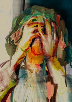 Rule 34 | 1girl, abstract, absurdres, brush stroke, commentary request, covering own eyes, facing viewer, hands up, highres, hotoke party, kazami yuuka, portrait, short hair, solo, touhou