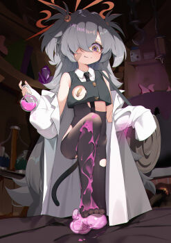 1girl absurdres adapted_costume armpit_crease bandaid bandaid_on_face bandaids_on_nipples bare_shoulders black_eyes black_necktie black_pantyhose blue_archive blush bookshelf bright_pupils cat_tail chinese_commentary clothing_cutout coat collared_shirt commentary_request covered_erect_nipples downturned_eyes eyeball_hair_ornament eyelashes fake_tail feet film_grain flask flat_chest foot_out_of_frame glint grey_hair hair_ornament hair_over_one_eye halo hands_up haniwa_(statue) highres holding holding_flask hook indoors kanoe_(blue_archive) lab_coat leg_up long_bangs long_hair looking_down marshal_(artist) multicolored_eyes necktie no_bra no_pants no_shoes one_eye_covered open_clothes open_coat orange_halo pantyhose parted_lips pasties round-bottom_flask sexually_suggestive shirt simulated_footjob sleeves_past_fingers sleeves_past_wrists smile solo spiked_hair standing suggestive_fluid tail tareme toes two-tone_eyes two_side_up very_long_hair wet wet_clothes white_coat white_pupils white_shirt yellow_eyes