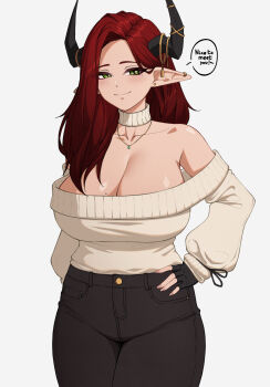 1girl bare_shoulders black_gloves black_horns black_pants blush breasts cleavage closed_mouth collarbone commentary cowboy_shot ear_piercing english_commentary english_text fingerless_gloves gloves green_eyes hand_on_own_hip highres horns huge_breasts jewelry long_hair mole mole_on_breast mole_under_eye necklace off_shoulder original pants piercing pointy_ears red_eyes red_hair simple_background smile solo sweater sweater_tucked_in white_background white_sweater zaphn