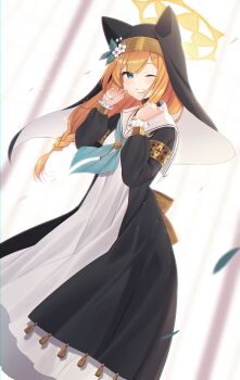 Rule 34 | 1girl, absurdres, animal ear headwear, armband, blue archive, blue eyes, blue neckerchief, blurry, blurry background, bow, braid, fake animal ears, falling leaves, feet out of frame, flower, frills, grin, habit, halo, hands up, hat, hat flower, highres, leaf, light blush, long hair, looking at viewer, mari (blue archive), neckerchief, nekomitei, nun, one eye closed, orange hair, sailor collar, single braid, smile, solo, tassel, waist bow, white sailor collar, wind