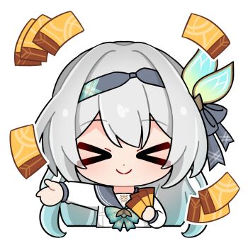 >_< 1girl bow bowtie closed_mouth firefly_(honkai:_star_rail) firefly_(spring_missive)_(honkai:_star_rail) gradient_hair green_bow green_bowtie grey_hair grey_hairband grey_ribbon hair_between_eyes hair_intakes hair_ornament hair_ribbon hairband hashtag-only_commentary highres holding holding_ticket honkai:_star_rail honkai_(series) long_hair makinomaki108 multicolored_hair plaid_bow plaid_bowtie plaid_clothes ribbon smile solo star_rail_special_pass_(honkai:_star_rail) ticket