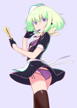 1boy ahoge alternate_costume apron ass black_dress black_gloves bra burrrntlemon clipboard colored_eyelashes crossdressing crossdressing_(mtf) dress frills from_behind gloves green_hair grey_background half_gloves highres holding holding_clipboard holding_pen lio_fotia looking_at_viewer looking_back male_focus open_clothes open_dress panties pantyshot parted_lips pen pinstripe_dress pinstripe_pattern promare purple_bra purple_eyes purple_panties scarf see-through_clothes see-through_legwear short_hair short_sleeves simple_background skindentation solo striped thighhighs thighs trap underwear waist_apron waitress white_apron white_headwear wind wind_lift yellow_scarf