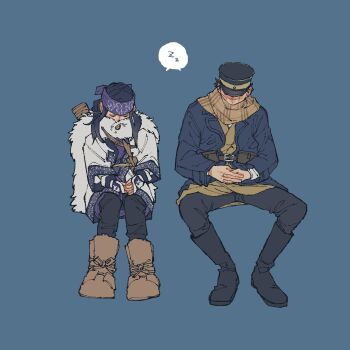Rule 34 | 1boy, 1girl, absurdres, asirpa, black boots, black hair, black pants, blue background, boots, brown boots, cape, closed eyes, commentary request, full body, fur cape, golden kamuy, hat, headband, highres, kome uo, long hair, military hat, military uniform, own hands clasped, own hands together, pants, parted bangs, print scarf, purple headband, scar, scar on face, scar on nose, scarf, shared speech bubble, short hair, sitting, sleeping, speech bubble, sugimoto saichi, white cape, zzz