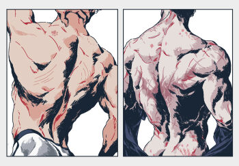 2boys back back_focus back_muscles bara bruce_wayne clark_kent cowboy_shot dc_comics from_behind head_out_of_frame highres male_focus multiple_boys muscular muscular_male osi051_(osiovi051) short_hair split_screen standing superman_(series)