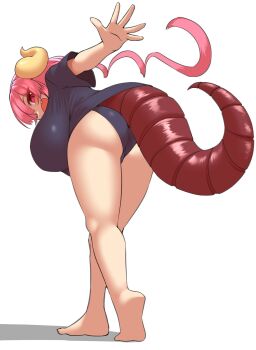 1girl :d ass barefoot bent_over black_panties black_shirt breasts commentary_request curled_horns dragon_girl dragon_horns dragon_tail fang from_behind full_body hanging_breasts highres horns huge_breasts ilulu_(maidragon) kobayashi-san_chi_no_maidragon legs long_hair looking_at_viewer looking_back open_hand open_mouth panties pero_(pero7762) pink_hair red_eyes red_tail shadow shirt short_sleeves shortstack simple_background smile soles solo tail tail_under_clothes underwear white_background yellow_horns