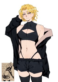 1girl alphamob200x black_jacket black_shorts blonde_hair blush breasts cleavage cleavage_cutout clothing_cutout cosplay crop_top don_quixote_(project_moon) highres jacket limbus_company looking_at_viewer nanakusa_nazuna_(yofukashi_no_uta) nanakusa_nazuna_(yofukashi_no_uta)_(cosplay) navel nervous off-shoulder_jacket off_shoulder parted_bangs photo_inset project_moon red_eyes reference_inset sancho_(project_moon) scratching_head shirt short_hair short_shorts shorts simple_background sleeveless sleeveless_turtleneck sweatdrop thighhighs trait_connection turtleneck turtleneck_shirt vampire white_background yofukashi_no_uta