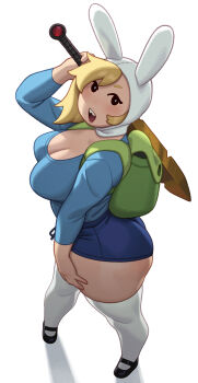 1girl absurdres adventure_time adventure_time:_fionna_and_cake animal_hat backpack bag black_eyes blonde_hair blue_shirt blue_shorts buck_teeth commentary english_commentary english_text fionna_campbell hat highres holding holding_sword holding_weapon long_hair looking_at_viewer open_mouth riz shirt shorts simple_background socks solo standing sword teeth thick_thighs thighs weapon white_background white_socks