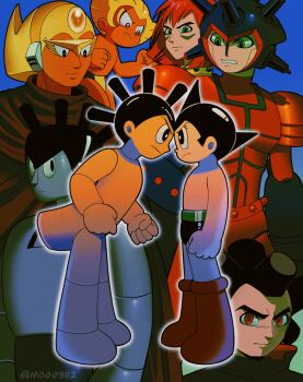 Rule 34 | 2boys, alternate form, android, angry, atlas (tetsuwan atom), atom (tetsuwan atom), black hair, blonde hair, blue background, boots, colored skin, greyscale, highres, metropolis, mo003112, monochrome, multiple boys, multiple persona, multiple views, no humans, orange skin, red boots, rivalry, robot, serious, tetsuwan atom, tetsuwan atom (1980), tetsuwan atom (2003)