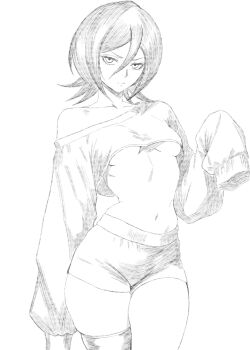 1girl bleach breasts crop_top crop_top_overhang eddenikki facing_viewer highres kuchiki_rukia medium_hair monochrome navel shorts sleeves_past_fingers sleeves_past_wrists solo stomach thighhighs underboob