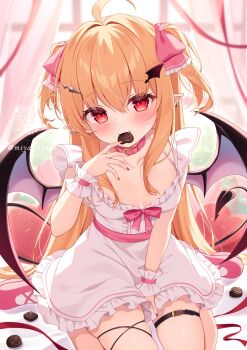 Rule 34 | 1girl, ahoge, belt, between legs, blonde hair, blush, bow, breasts, candy, chocolate, chocolate heart, closed mouth, collarbone, commentary, demon tail, demon wings, dress, dress bow, ear piercing, english commentary, food, frilled bow, frilled dress, frilled wrist cuffs, frills, hair between eyes, hair bow, hair ornament, hairclip, hand between legs, heart, heart-shaped food, highres, indoors, long hair, looking at viewer, medium breasts, miy@, mouth hold, nail polish, original, piercing, pink bow, pink shoes, pointy ears, red eyes, red nails, red ribbon, ribbon, shoes, short dress, sitting, socks, solo, tail, thigh belt, thigh strap, twitter username, valentine, very long hair, wakarase-chan (miy@), wariza, white dress, white socks, window, wings, wrist cuffs