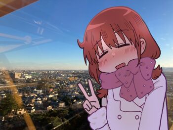 Rule 34 | 1girl, = =, alternate costume, blush, bow, brown hair, buttons, city, city (arawi keiichi), coat, izumi riko (city), nakaya hinako, open mouth, photo background, pink bow, pink scarf, scarf, scarf bow, short twintails, sky, solo, twintails, v, white coat