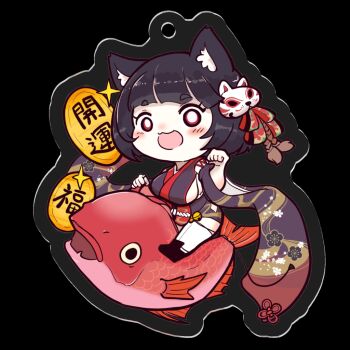 1girl animal animal_ear_fluff animal_ears azur_lane bell black_hair black_kimono blush blush_stickers carp chibi commentary_request fish full_body hair_ribbon hand_up himajin_(fd_jin) japanese_clothes jingle_bell charm_(object) kimono looking_at_viewer mask mask_on_head nose_blush on_animal open_mouth paw_pose print_kimono ribbon riding riding_animal short_hair simple_background smile solo sparkle split_mouth tassel thighhighs transparent_background white_eyes white_thighhighs wide_sleeves yamashiro_(azur_lane)