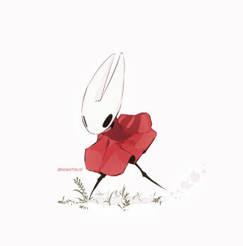 1girl arthropod_girl artist_name black_eyes chinese_commentary cloak commentary_request dust_cloud film_grain full_body grass halftone highres hightguy hollow_knight hornet_(hollow_knight) horns leaning_forward red_cloak shadow simple_background solo standing white_background