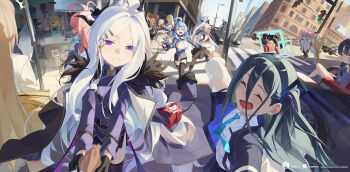 1boy 6+girls absurdres ahoge animal_ears aris_(blue_archive) asuna_(blue_archive) black_hair black_halo blonde_hair blue_archive blue_hair building commentary_request cotton_candy demon_girl demon_horns demon_wings grey_hair halo highres hina_(blue_archive) horns hoshino_(blue_archive) ibuki_(blue_archive) iori_(blue_archive) kisaki_(blue_archive) li-mi long_hair low_wings makoto_(blue_archive) military_vehicle motor_vehicle multiple_girls nagisa_(blue_archive) neru_(blue_archive) outdoors pink_hair red_hair seia_(blue_archive) sensei_(blue_archive) shiroko_(blue_archive) shiroko_terror_(blue_archive) sora_(blue_archive) tank twintails very_long_hair white_hair wings