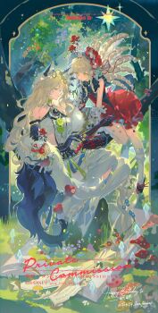 2girls 4others absurdres animal_ears blonde_hair blunt_bangs buttons closed_mouth colored_extremities commission dress eyelashes floating full_body gloves green_eyes hair_ornament happy_birthday headdress highres kneehighs long_hair looking_at_another mihuashi_commission multiple_girls multiple_others nail_(hardware) nan_xu original polka_dot red_dress ringlets shoes sitting smile socks thorns watermark white_socks yellow_eyes