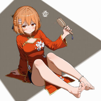 1girl anklet barefoot blush china_dress chinese_clothes dress feet hair_brush highres jewelry looking_at_viewer medium_hair orange_eyes orange_hair original qiufengxiaose soles toes